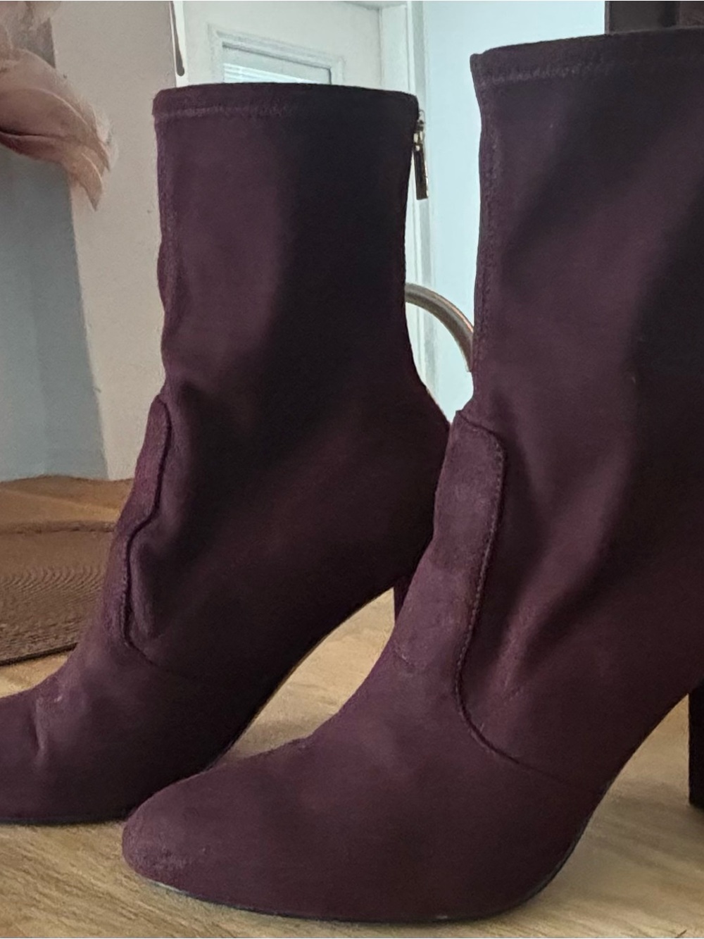 Suede Block Heel Ankle Boots in Burgundy with Gold Trim